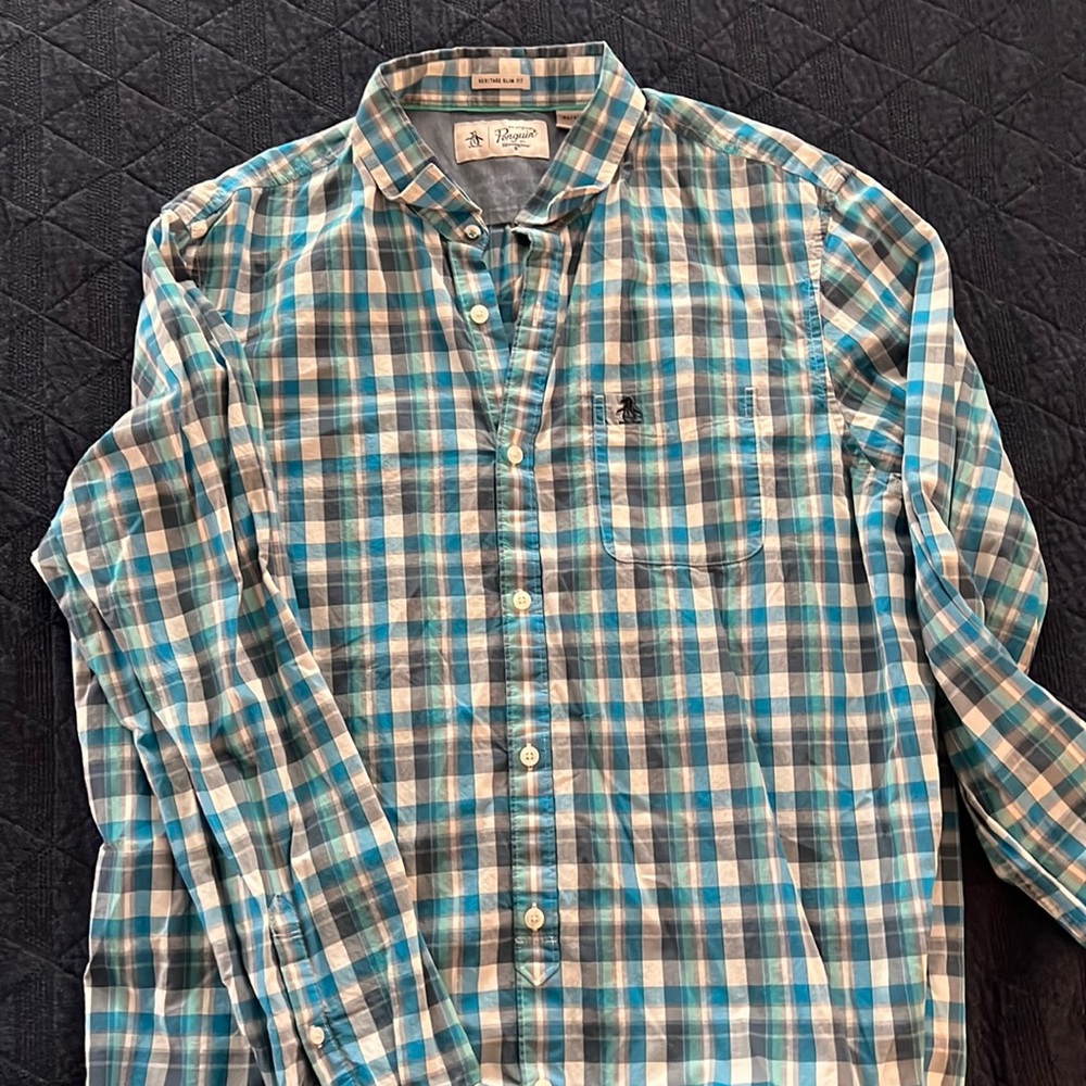 Original Penguin Blue and White Plaid Casual Button Down Shirt